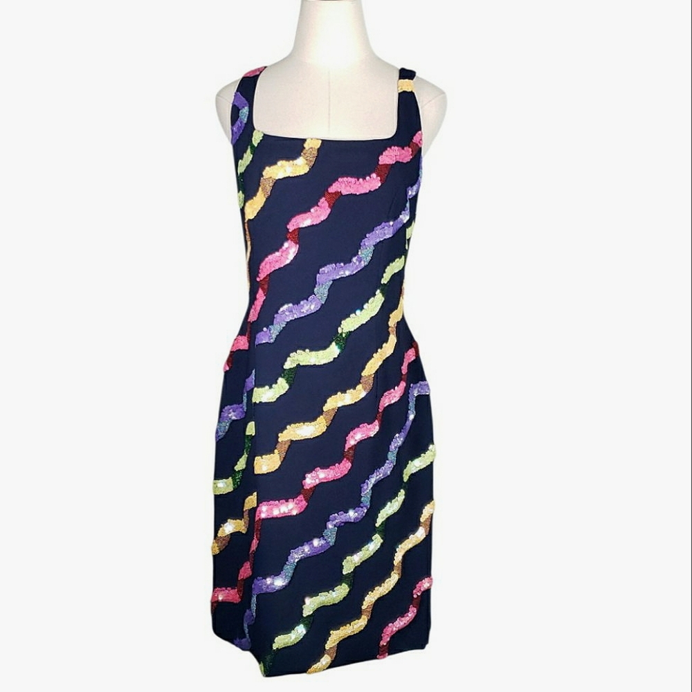 Vintage Beaded Sheath Dress 10 Formal Cocktails Black Tie Event Sequins Rainbow